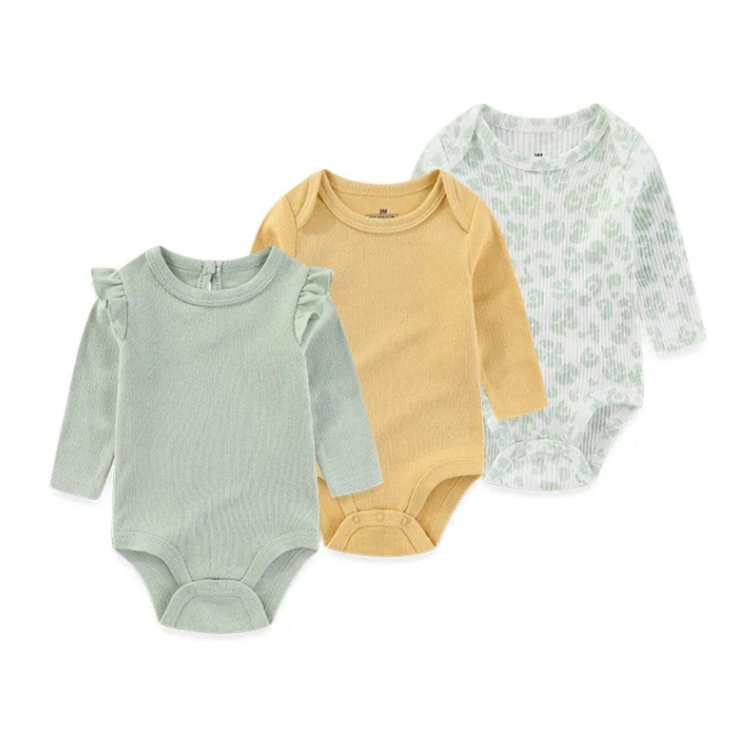 Kiddiezoom – Set de 3 Piezas Niña 👶✨ Bodysuits de Manga Larga 100% Algodón con Estampados de Caricaturas