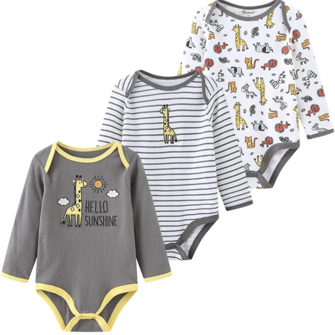 Kiddiezoom – Set de 3 Piezas Niño👶✨ Bodysuits de Manga Larga 100% Algodón con Estampados de Caricaturas
