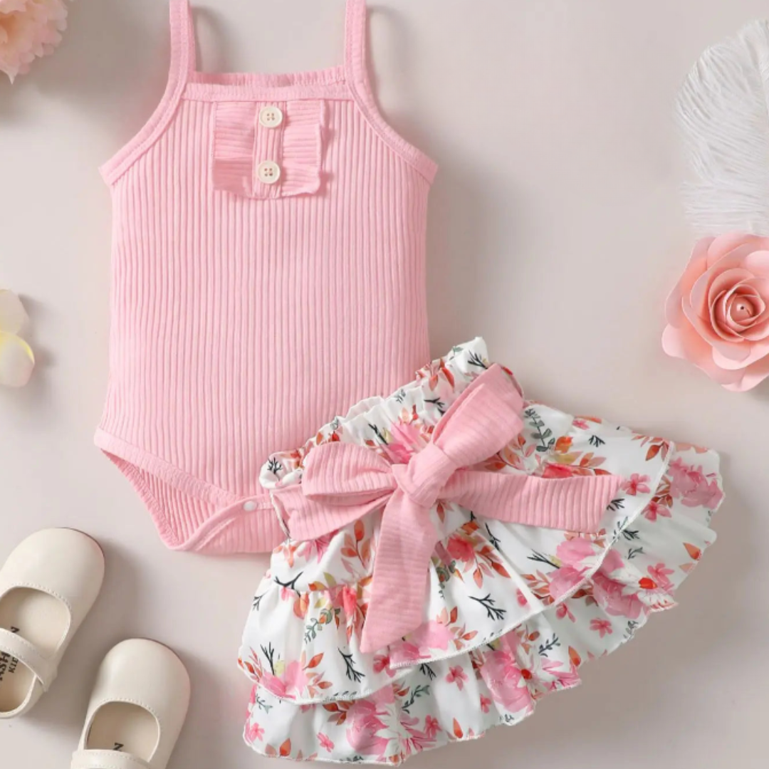 Conjunto de 2 piezas Mono sin Mangas con Tirantes + Falda Corta con Estampado Floral