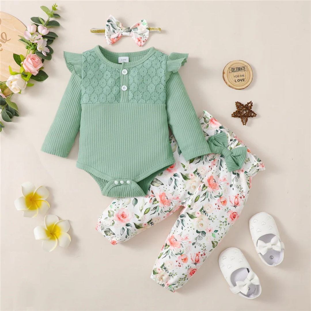 Conjunto de 3 Piezas para Bebé Niña: Body de Manga Larga + Pantalón con Flores + Cinta para el Pelo