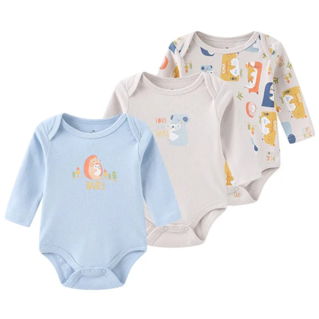 Kiddiezoom – Set de 3 Piezas Niño👶✨ Bodysuits de Manga Larga 100% Algodón con Estampados de Caricaturas