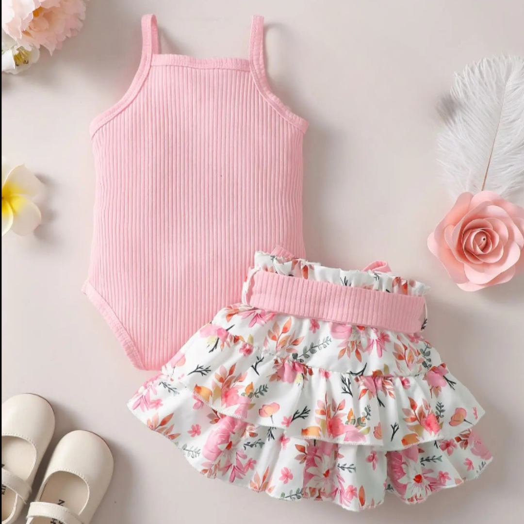 Conjunto de 2 piezas Mono sin Mangas con Tirantes + Falda Corta con Estampado Floral