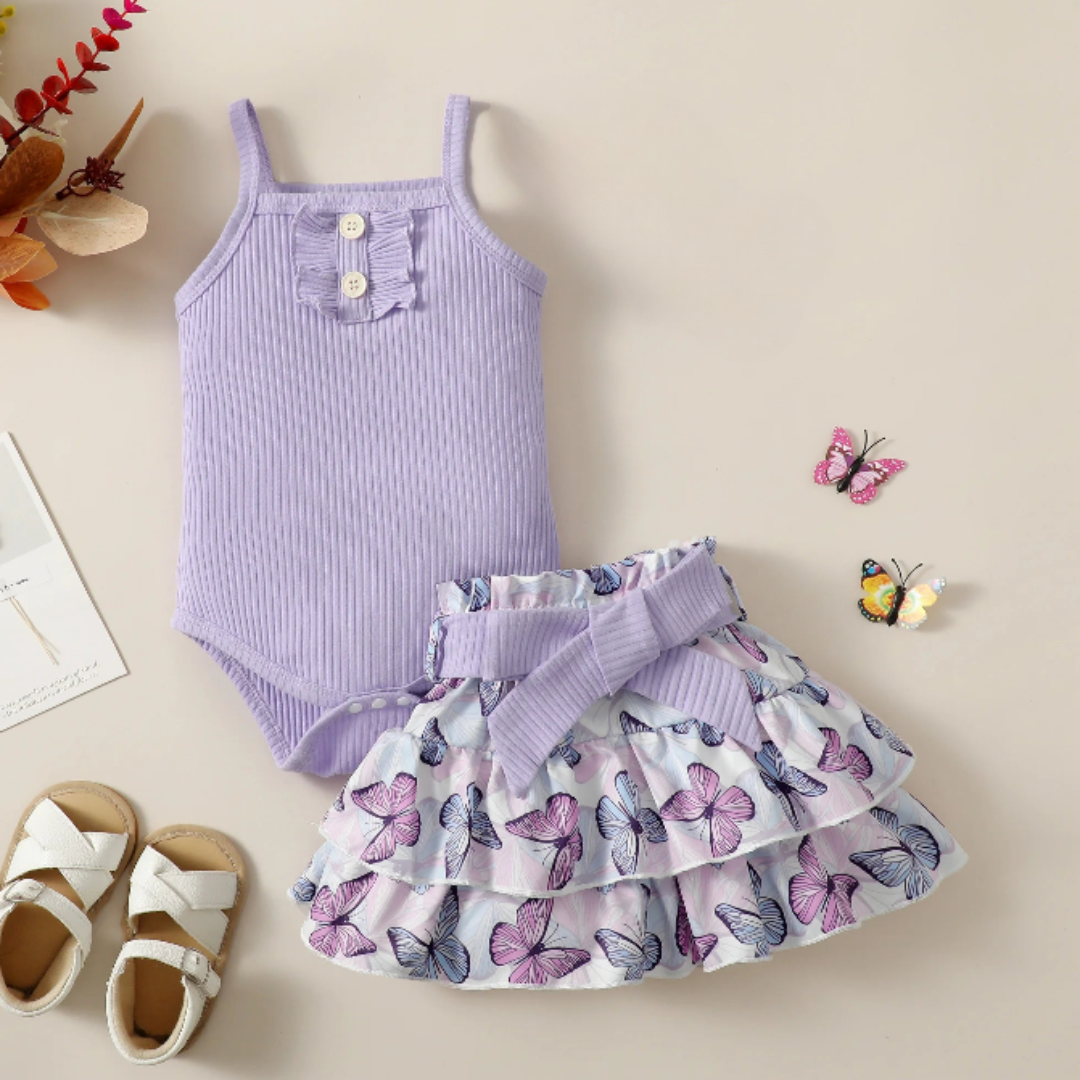 Conjunto de 2 piezas Mono sin Mangas con Tirantes + Falda Corta con Estampado Floral