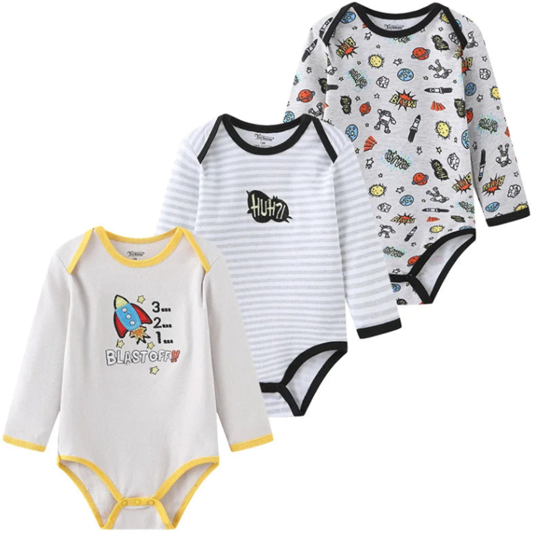 Kiddiezoom – Set de 3 Piezas Niño👶✨ Bodysuits de Manga Larga 100% Algodón con Estampados de Caricaturas