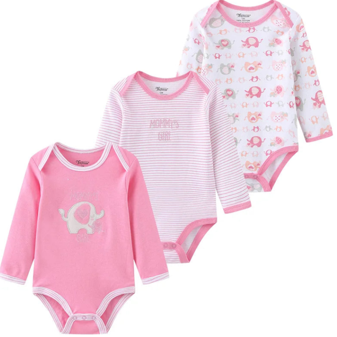 Kiddiezoom – Set de 3 Piezas Niña 👶✨ Bodysuits de Manga Larga 100% Algodón con Estampados de Caricaturas