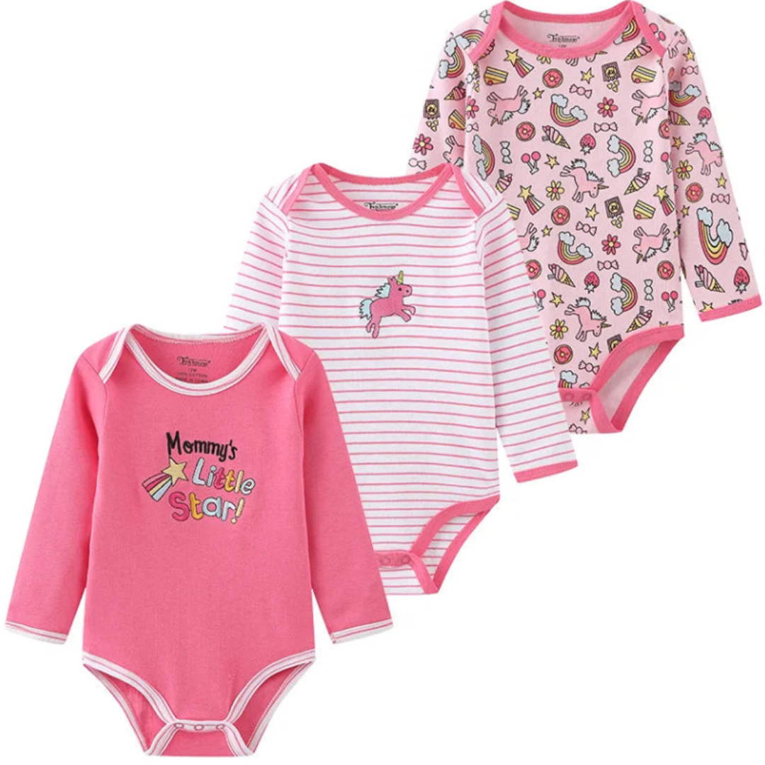 Kiddiezoom – Set de 3 Piezas Niña 👶✨ Bodysuits de Manga Larga 100% Algodón con Estampados de Caricaturas