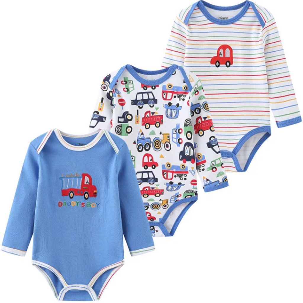 Kiddiezoom – Set de 3 Piezas Niño👶✨ Bodysuits de Manga Larga 100% Algodón con Estampados de Caricaturas