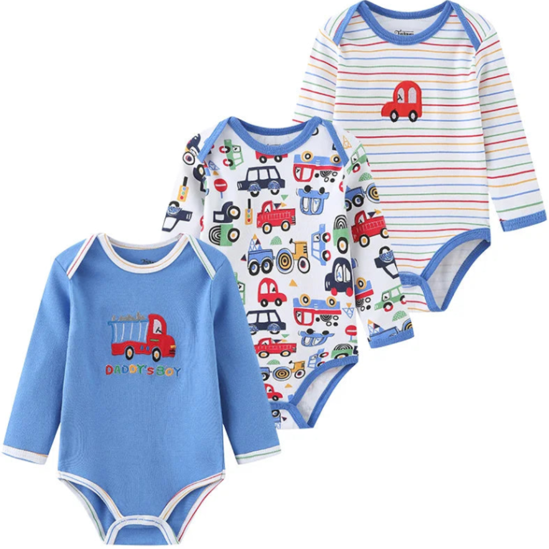 Kiddiezoom – Set de 3 Piezas Niño👶✨ Bodysuits de Manga Larga 100% Algodón con Estampados de Caricaturas