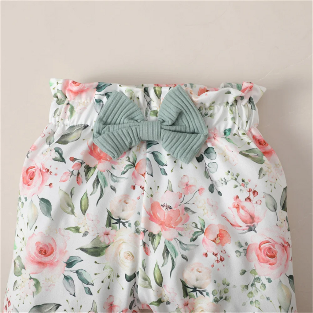 Conjunto de 3 Piezas para Bebé Niña: Body de Manga Larga + Pantalón con Flores + Cinta para el Pelo