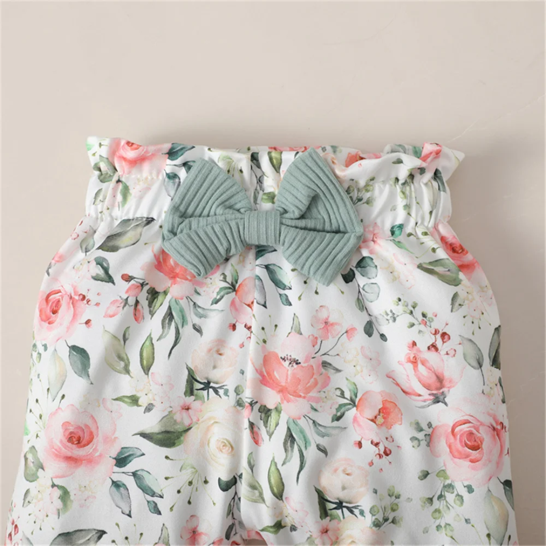 Conjunto de 3 Piezas para Bebé Niña: Body de Manga Larga + Pantalón con Flores + Cinta para el Pelo