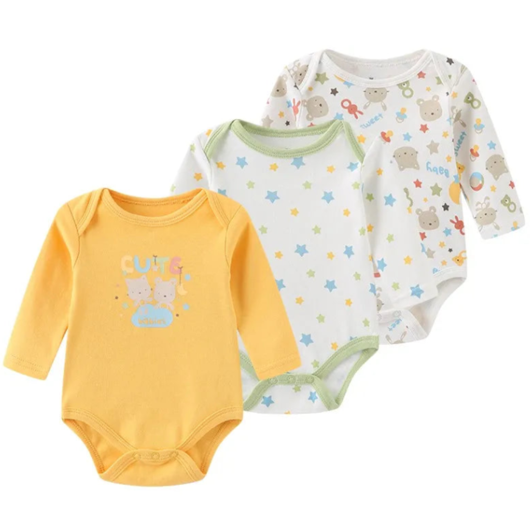 Kiddiezoom – Set de 3 Piezas Niña 👶✨ Bodysuits de Manga Larga 100% Algodón con Estampados de Caricaturas