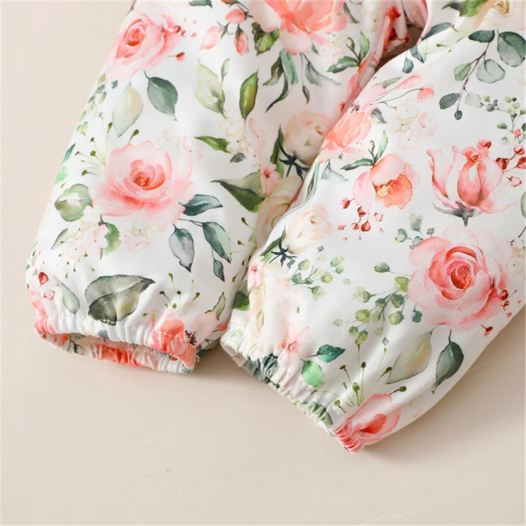 Conjunto de 3 Piezas para Bebé Niña: Body de Manga Larga + Pantalón con Flores + Cinta para el Pelo