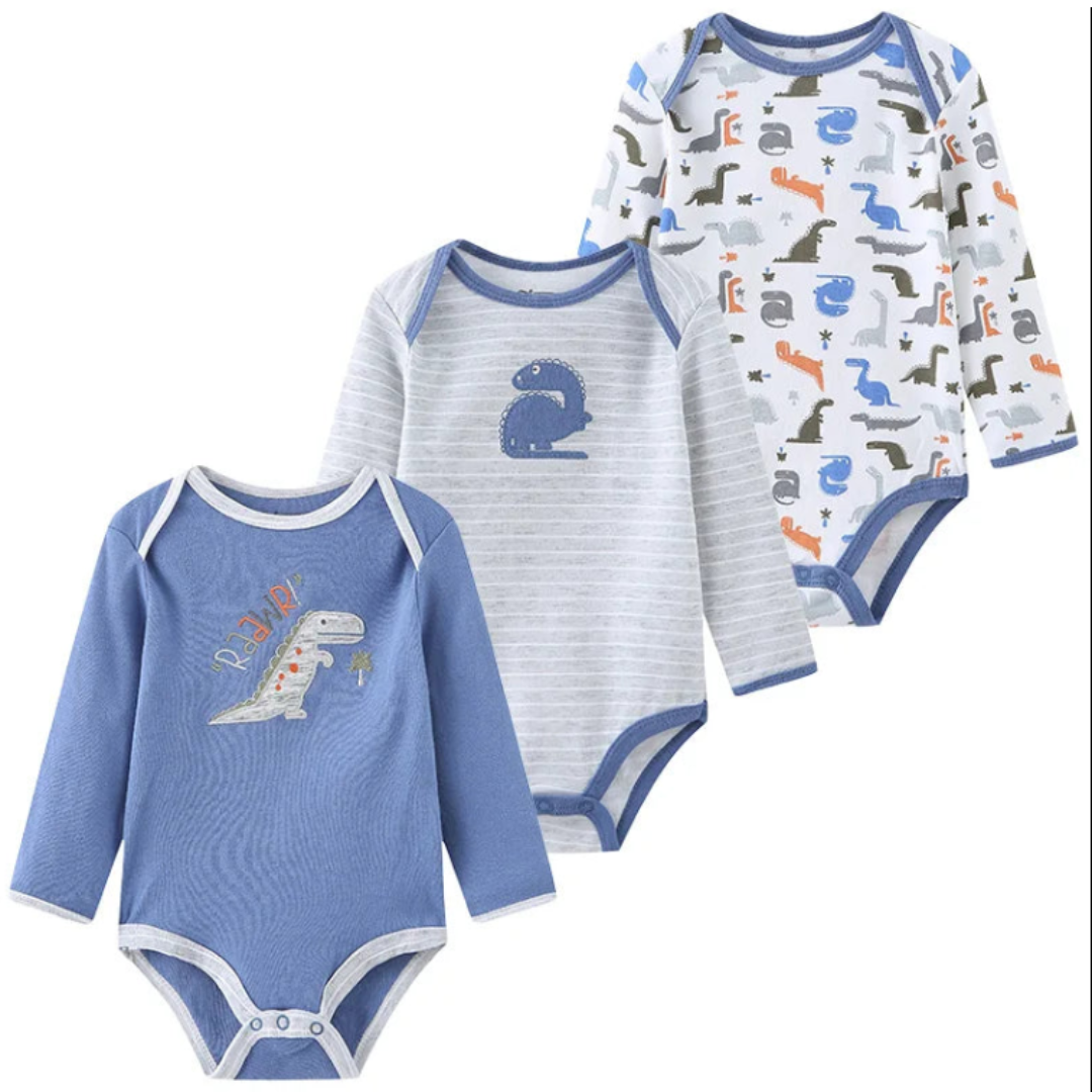 Kiddiezoom – Set de 3 Piezas Niño👶✨ Bodysuits de Manga Larga 100% Algodón con Estampados de Caricaturas