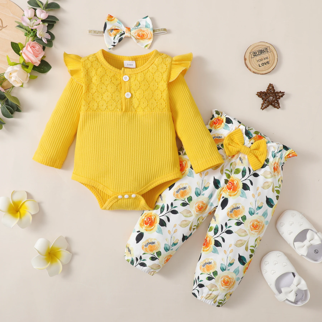 Conjunto de 3 Piezas para Bebé Niña: Body de Manga Larga + Pantalón con Flores + Cinta para el Pelo