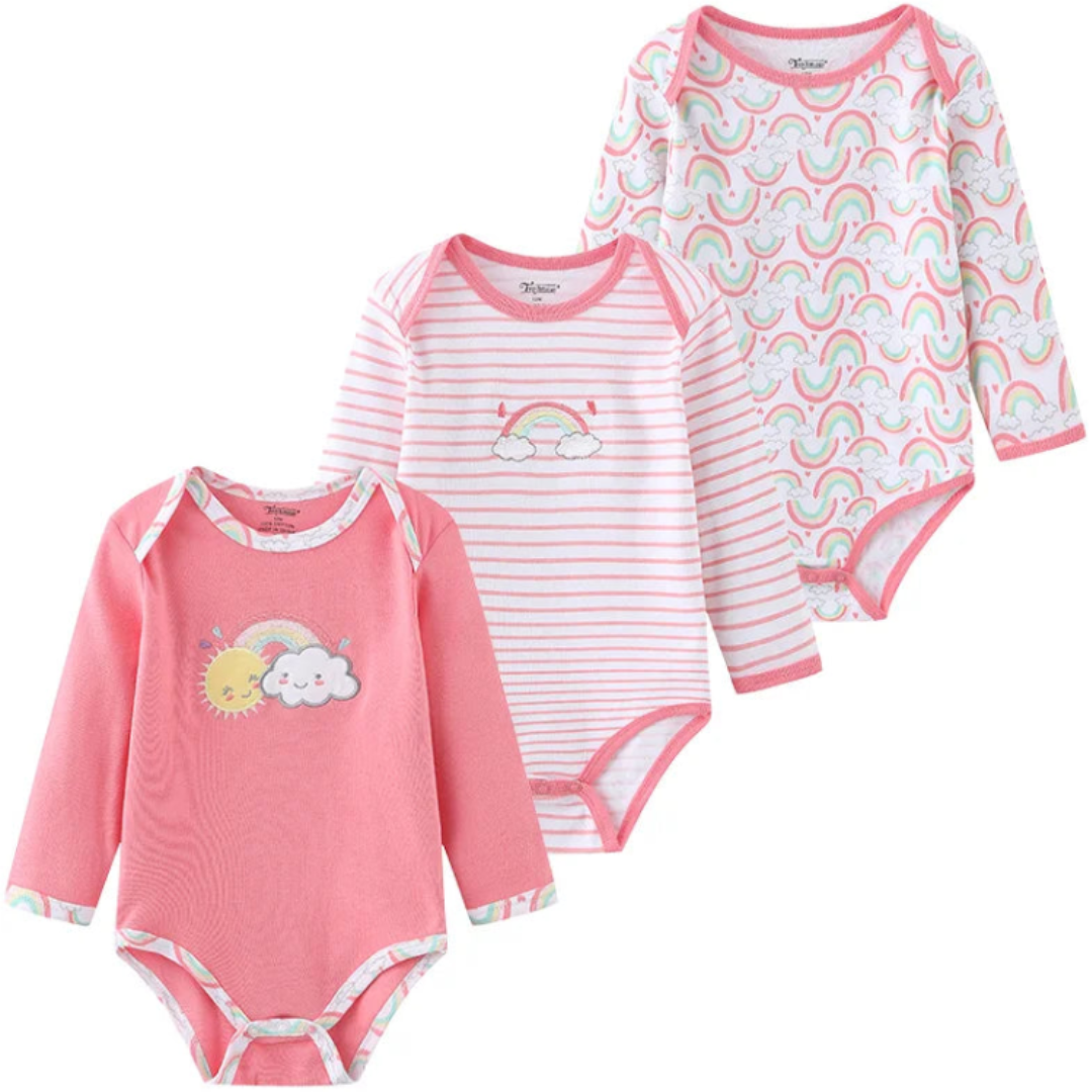 Kiddiezoom – Set de 3 Piezas Niña 👶✨ Bodysuits de Manga Larga 100% Algodón con Estampados de Caricaturas
