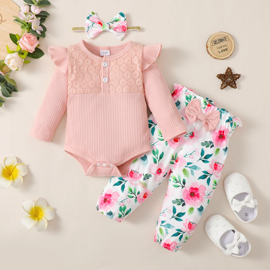 Conjunto de 3 Piezas para Bebé Niña: Body de Manga Larga + Pantalón con Flores + Cinta para el Pelo