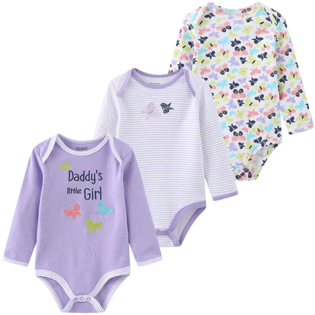 Kiddiezoom – Set de 3 Piezas Niña 👶✨ Bodysuits de Manga Larga 100% Algodón con Estampados de Caricaturas